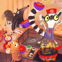 August Gallery 2 Artwork by Clare Vacha for online course Bootcamp Special Character Play of animals in a noodle shop